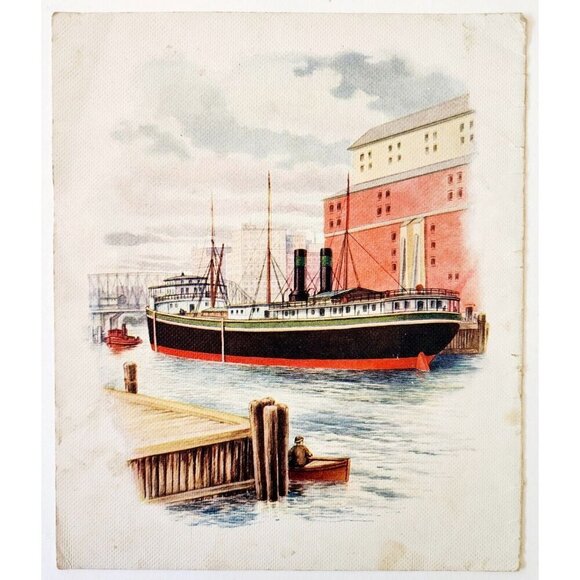 1900 Steamship Lithograph Nautical Victorian Woven Linen Paper Print Boats DWPP7 - Picture 2 of 2